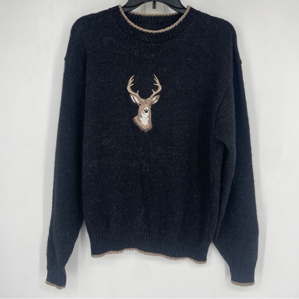 Vintage 90s Deer Buck Embroidered Wool Knit Mens Large Sweater Gray Hunting